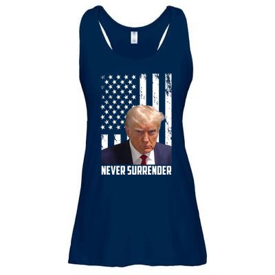 Never Surrender Donald Trump American Flag Mugshot Ladies Essential Flowy Tank