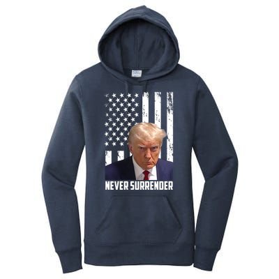 Never Surrender Donald Trump American Flag Mugshot Women's Pullover Hoodie