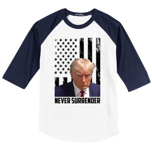 Never Surrender Donald Trump American Flag Mugshot Baseball Sleeve Shirt