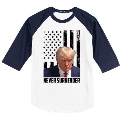 Never Surrender Donald Trump American Flag Mugshot Baseball Sleeve Shirt