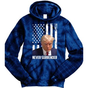 Never Surrender Donald Trump American Flag Mugshot Tie Dye Hoodie