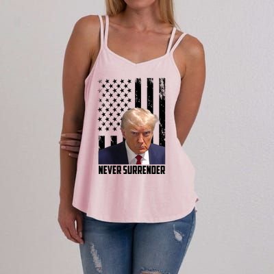 Never Surrender Donald Trump American Flag Mugshot Women's Strappy Tank