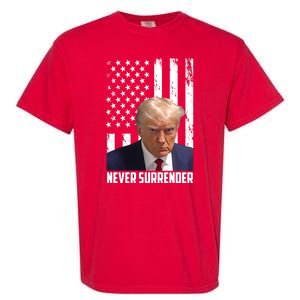 Never Surrender Donald Trump American Flag Mugshot Garment-Dyed Heavyweight T-Shirt