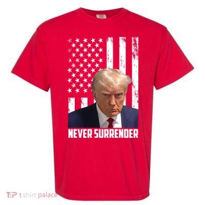 Never Surrender Donald Trump American Flag Mugshot Garment-Dyed Heavyweight T-Shirt
