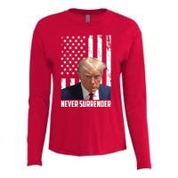 Never Surrender Donald Trump American Flag Mugshot Womens Cotton Relaxed Long Sleeve T-Shirt