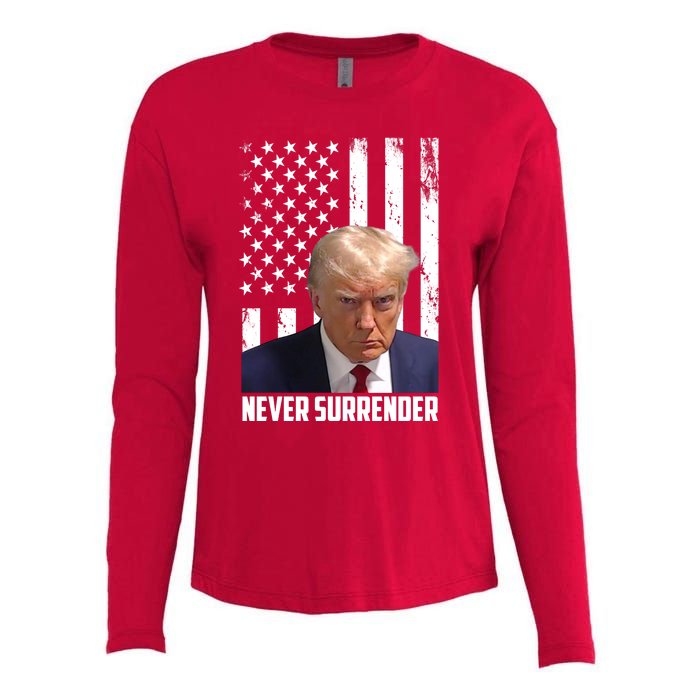 Never Surrender Donald Trump American Flag Mugshot Womens Cotton Relaxed Long Sleeve T-Shirt