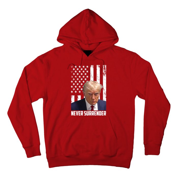 Never Surrender Donald Trump American Flag Mugshot Hoodie