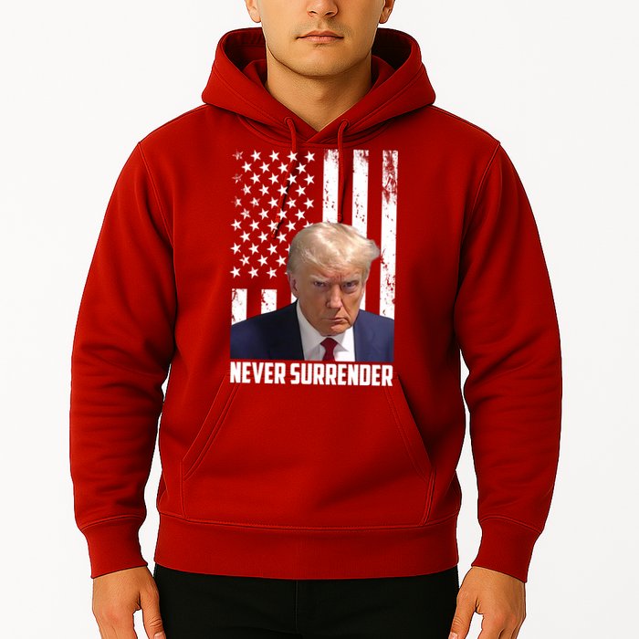 Never Surrender Donald Trump American Flag Mugshot Hoodie