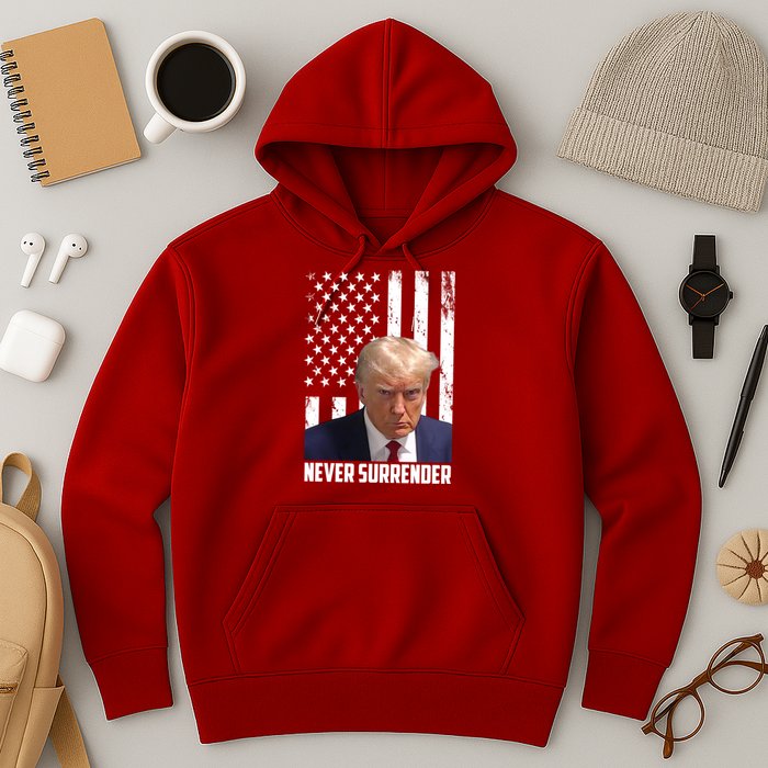 Never Surrender Donald Trump American Flag Mugshot Hoodie