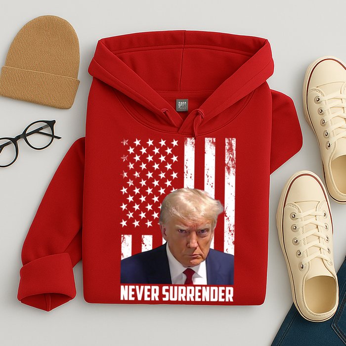 Never Surrender Donald Trump American Flag Mugshot Hoodie