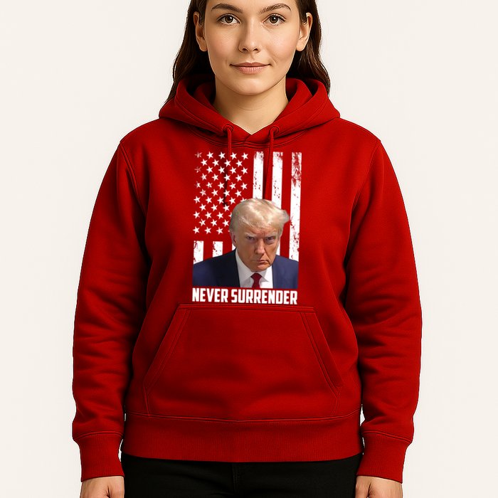 Never Surrender Donald Trump American Flag Mugshot Hoodie