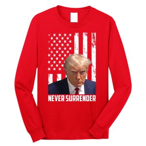 Never Surrender Donald Trump American Flag Mugshot Long Sleeve Shirt