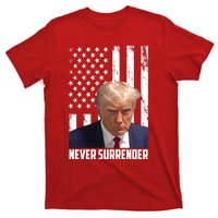 Never Surrender Donald Trump American Flag Mugshot T-Shirt