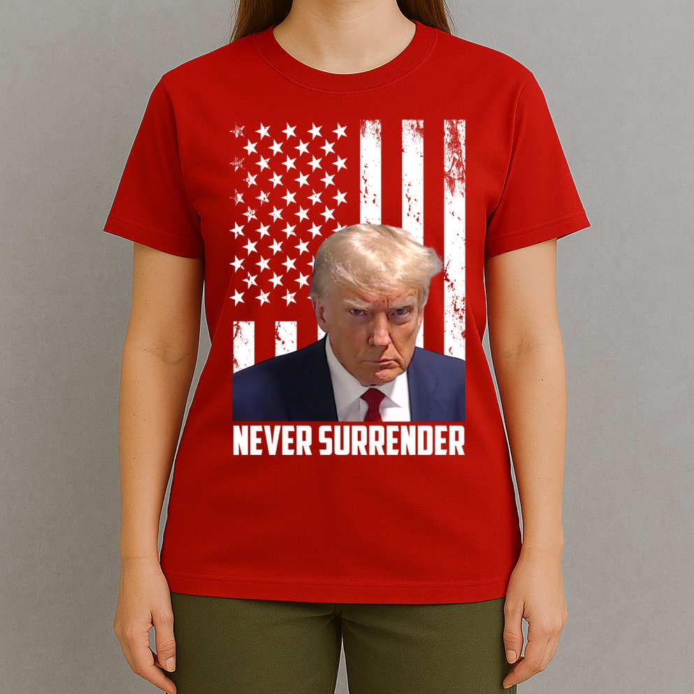 Never Surrender Donald Trump American Flag Mugshot T-Shirt