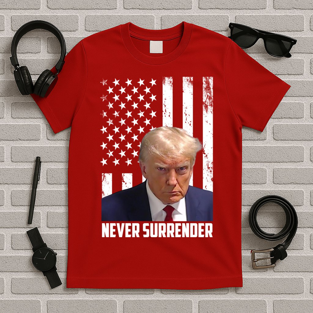 Never Surrender Donald Trump American Flag Mugshot T-Shirt