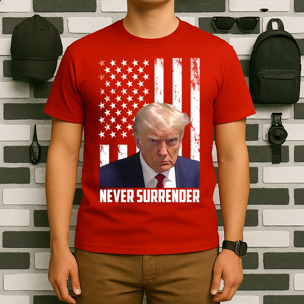 Never Surrender Donald Trump American Flag Mugshot T-Shirt