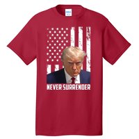 Never Surrender Donald Trump American Flag Mugshot Tall T-Shirt