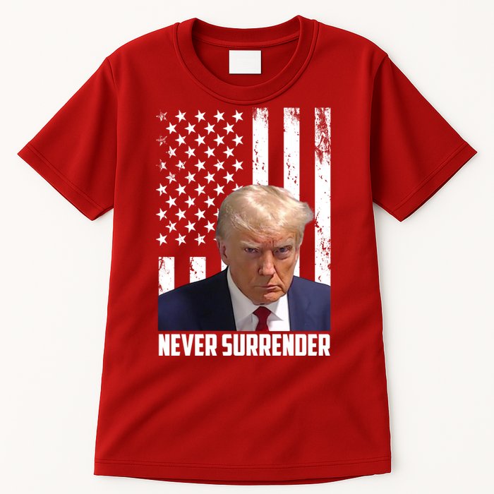 Never Surrender Donald Trump American Flag Mugshot Tall T-Shirt