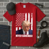 Never Surrender Donald Trump American Flag Mugshot Tall T-Shirt