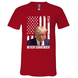 Never Surrender Donald Trump American Flag Mugshot V-Neck T-Shirt