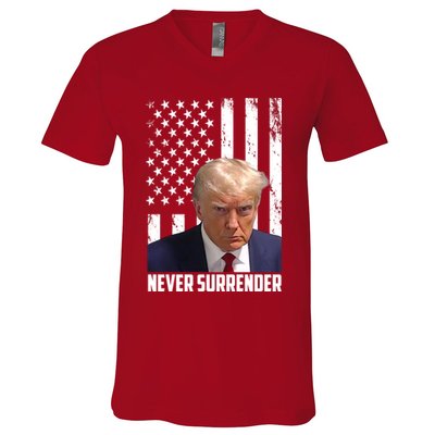Never Surrender Donald Trump American Flag Mugshot V-Neck T-Shirt