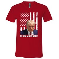 Never Surrender Donald Trump American Flag Mugshot V-Neck T-Shirt