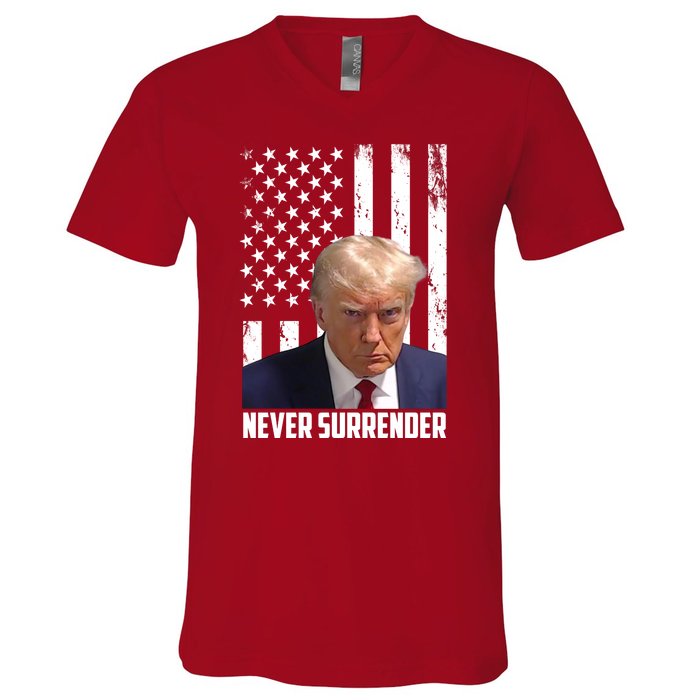 Never Surrender Donald Trump American Flag Mugshot V-Neck T-Shirt