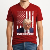 Never Surrender Donald Trump American Flag Mugshot V-Neck T-Shirt