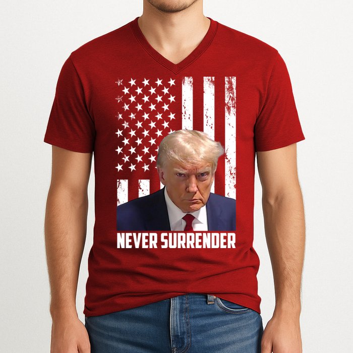 Never Surrender Donald Trump American Flag Mugshot V-Neck T-Shirt