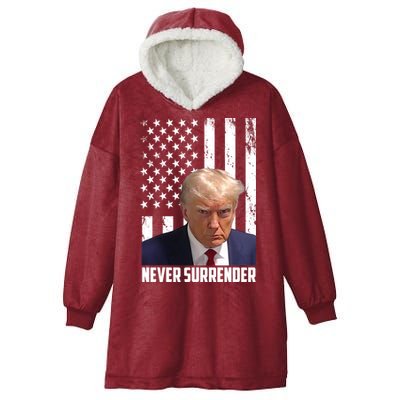 Never Surrender Donald Trump American Flag Mugshot Hooded Wearable Blanket
