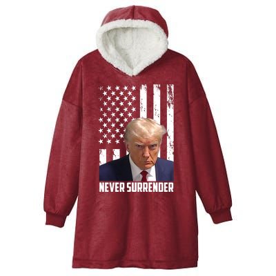 Never Surrender Donald Trump American Flag Mugshot Hooded Wearable Blanket