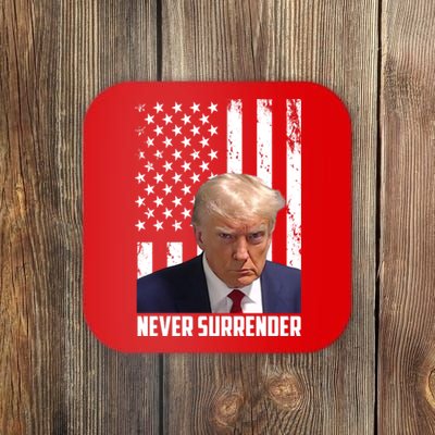 Never Surrender Donald Trump American Flag Mugshot Coaster