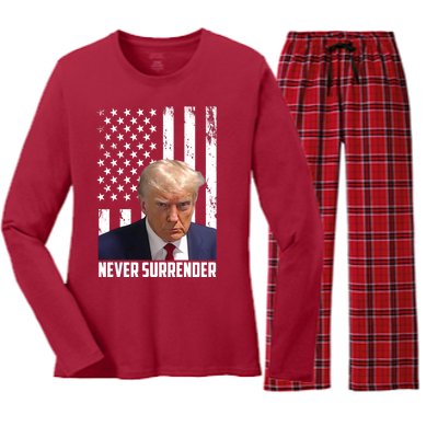 Never Surrender Donald Trump American Flag Mugshot Women's Long Sleeve Flannel Pajama Set 