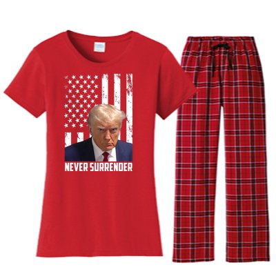 Never Surrender Donald Trump American Flag Mugshot Women's Flannel Pajama Set