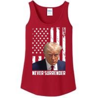 Never Surrender Donald Trump American Flag Mugshot Ladies Essential Tank