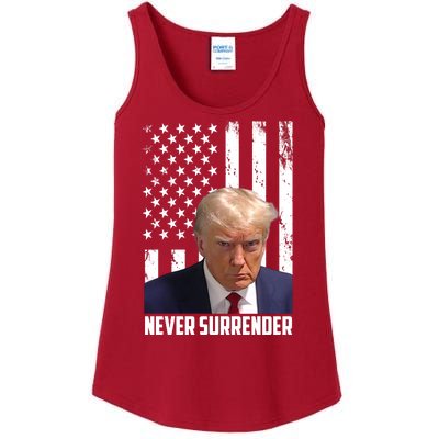 Never Surrender Donald Trump American Flag Mugshot Ladies Essential Tank