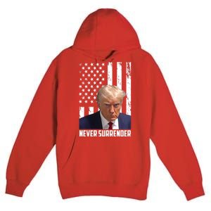 Never Surrender Donald Trump American Flag Mugshot Premium Pullover Hoodie