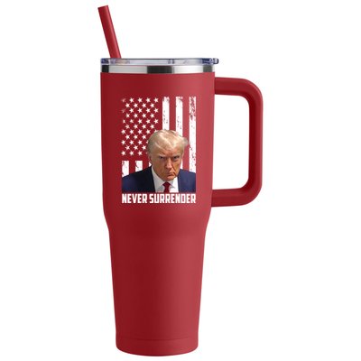 Never Surrender Donald Trump American Flag Mugshot 40oz Vacuum Insulated Stainless Steel Travel Tumbler