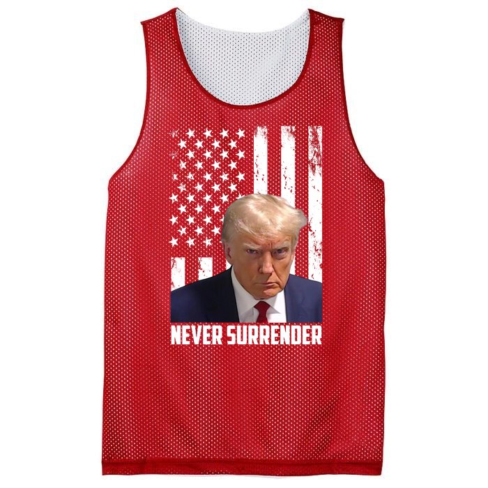 Never Surrender Donald Trump American Flag Mugshot Mesh Reversible Basketball Jersey Tank