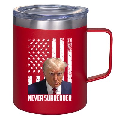 Never Surrender Donald Trump American Flag Mugshot 12oz Stainless Steel Coffee Mug