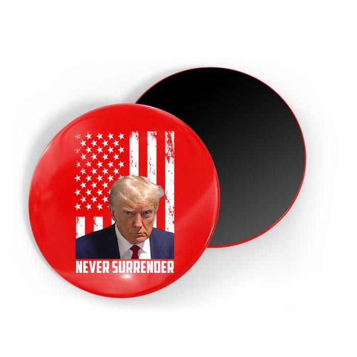 Never Surrender Donald Trump American Flag Mugshot Magnet