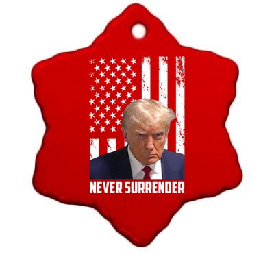 Never Surrender Donald Trump American Flag Mugshot Ceramic Star Ornament