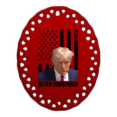 Never Surrender Donald Trump American Flag Mugshot Ceramic Oval Ornament