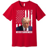 Never Surrender Donald Trump American Flag Mugshot Premium T-Shirt