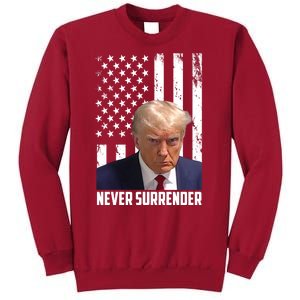 Never Surrender Donald Trump American Flag Mugshot Tall Sweatshirt