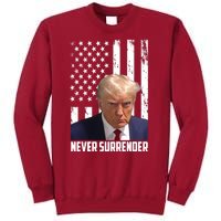 Never Surrender Donald Trump American Flag Mugshot Tall Sweatshirt