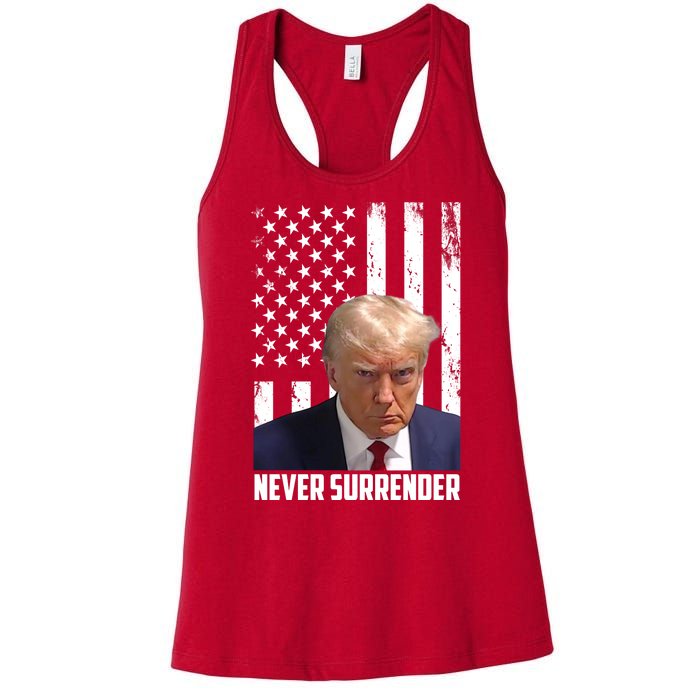 Never Surrender Donald Trump American Flag Mugshot Women's Racerback Tank