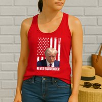Never Surrender Donald Trump American Flag Mugshot Womens Tank Top