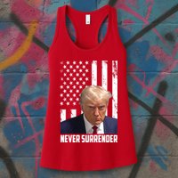 Never Surrender Donald Trump American Flag Mugshot Womens Tank Top