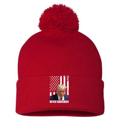 Never Surrender Donald Trump American Flag Mugshot Pom Pom 12in Knit Beanie